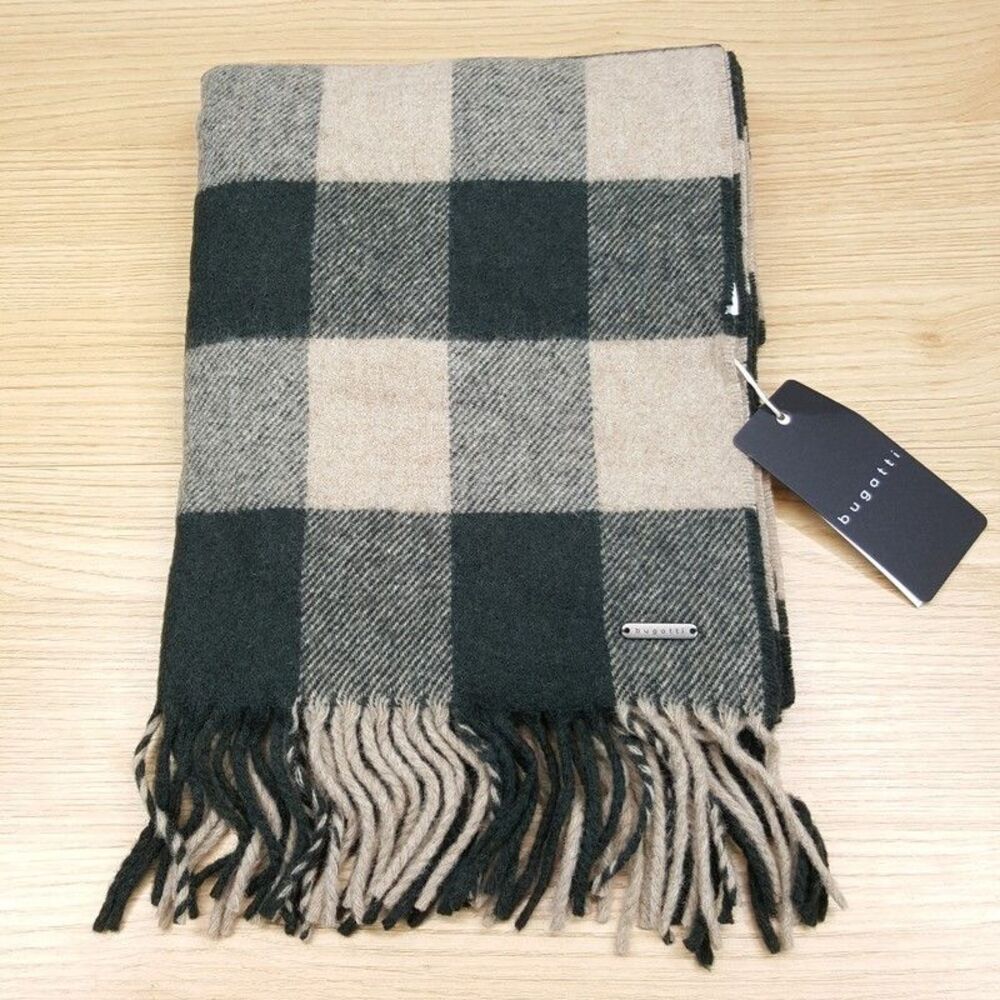 BUGATTI Scarf Mens Tan Green Buffalo Check Plaid 80% Virgin Wool Fringe 66x16